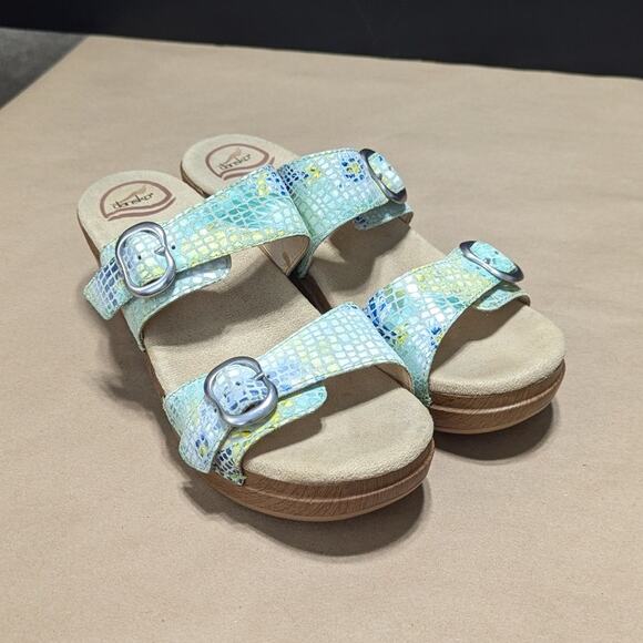 Dansko Sophie Sandals Double Strap Snake Print Yellow Blue Green Womens 10 Boho - Picture 4 of 9